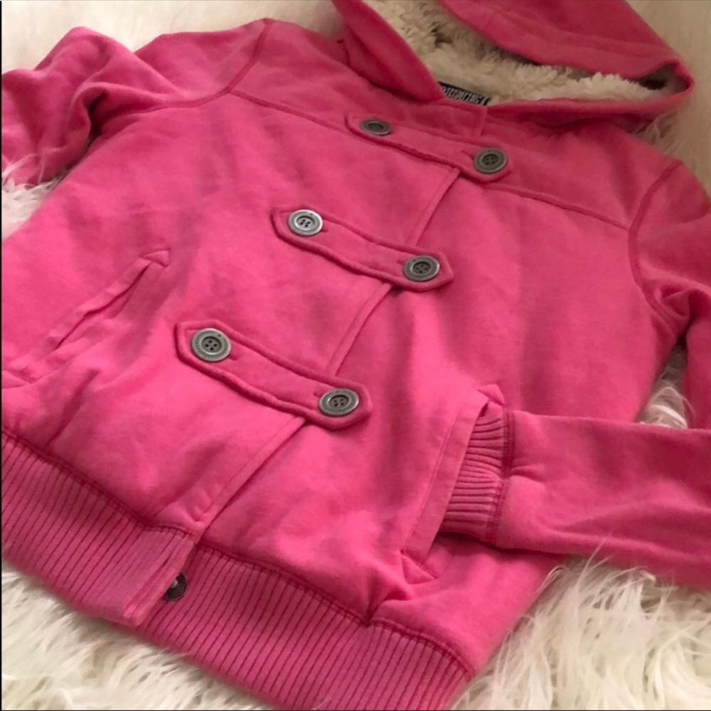 PINK by VS BLING FAUX FUR SHERPA LINED FULL ZIP HOODED JACKET SZ M PINK VINTAGE - Picture 6 of 14